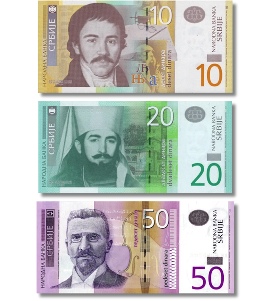 3 banknoty 10, 20, 50 dinarów, Serbia, 2011 - 2013 rok, UNC