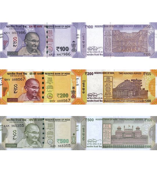 3 banknotes 100, 200, 500 Rupees, India, 2017 - 2024, UNC