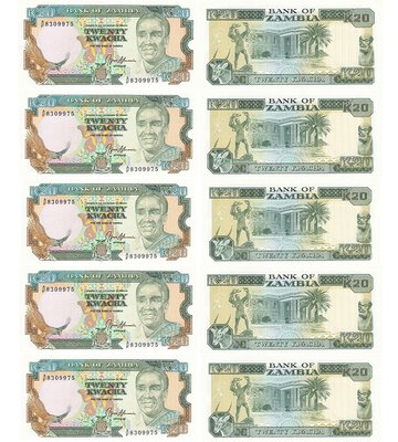 10 banknotes 20 Kwacha, Zambia, 1991, UNC