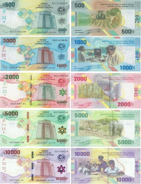 5 banknotes 500, 1000, 2000, 5000, 10000 Francs, Central African, 2020 ( 2022 ), UNC