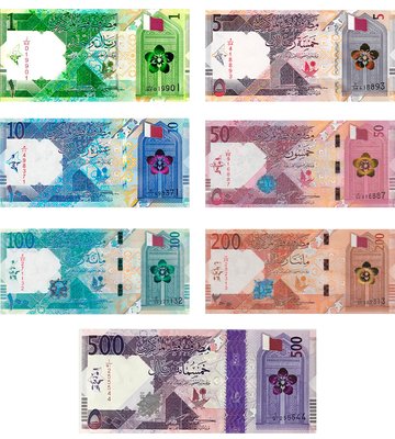 7 banknotów 1, 5, 10, 50, 100, 200, 500 Riyals, Katar, 2020 - 2022, UNC