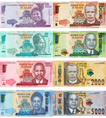 8 banknotów 20, 50, 100, 200, 500, 1000, 2000, 5000 Kwacha, Malawi, 2014 - 2021, UNC