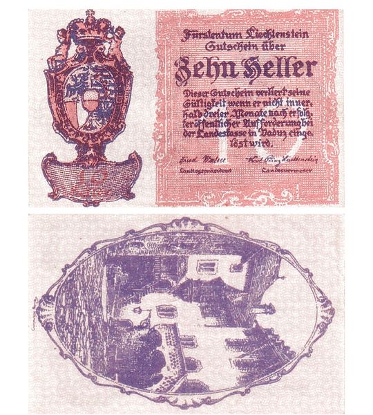 3 banknoty 10, 20, 50 Heller, Liechtenstein, 1920, UNC