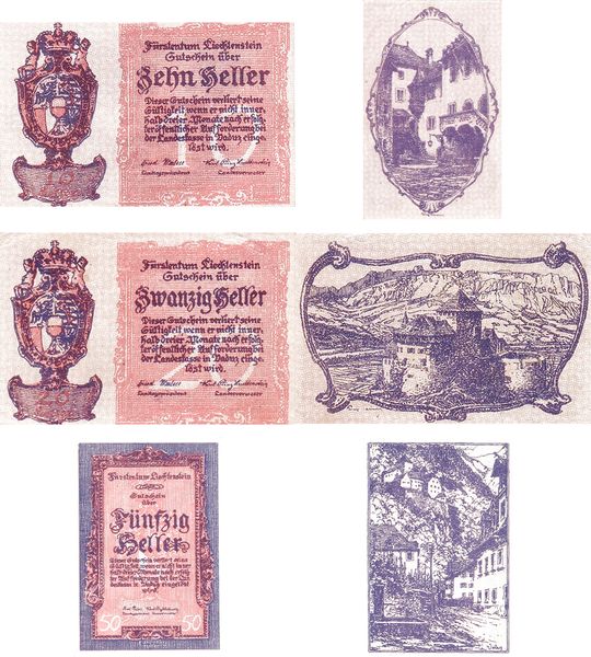 3 banknoty 10, 20, 50 Heller, Liechtenstein, 1920, UNC