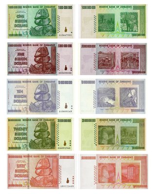 5 banknotów 1000000000 - 50000000000 Dollars, Zimbabwe, 2008, UNC