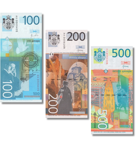 3 banknoty 100, 200, 500 dinarów, Serbia, 2011 - 2013 rok, UNC