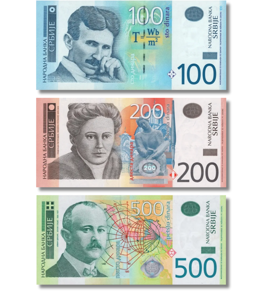 3 banknoty 100, 200, 500 dinarów, Serbia, 2011 - 2013 rok, UNC