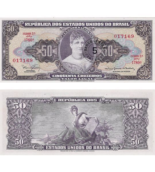 50 Cruzeiros on 5 Centavos, Бразилія, 1966 - 1967 рік, аUNC 003822 фото 50 Cruzeiros on 5 Centavos, Бразилія, 1966 - 1967 рік, аUNC 003822 фото