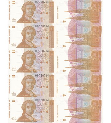 10 banknotes, 1 Dinar, Croatia, 1991, UNC