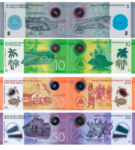 4 banknotes 5, 10, 20, 50 Cordobas, Nicaragua, 2014 - 2021, UNC