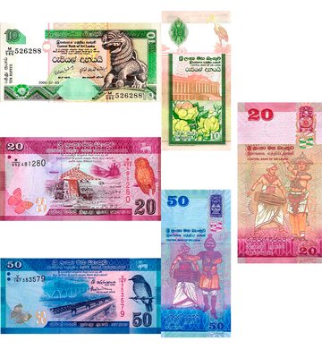 3 banknotes 10, 20, 50 Rupees, Sri Lanka, 2006 - 2021, UNC