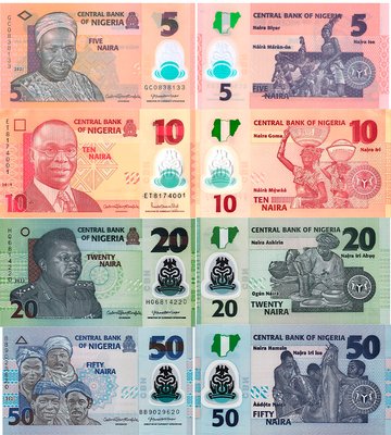 4 банкноти 5, 10, 20, 50 Naira, Нігерія, 2014 - 2023, UNC Polymer 002360 фото