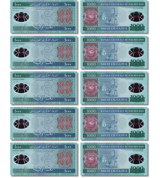 10 banknot&oacute;w 1000 Ouguiya, Mauretania, 2014, UNC Polymer
