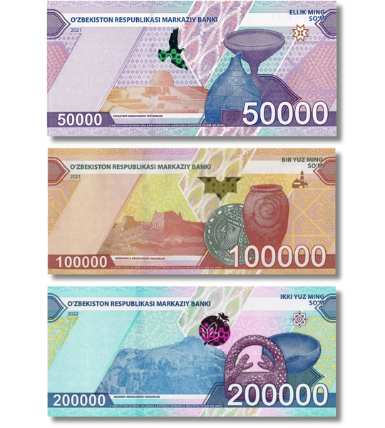3 banknoty 50 000, 100 000, 200 000 sum, Uzbekistan, 2021 - 2022 rok, UNC