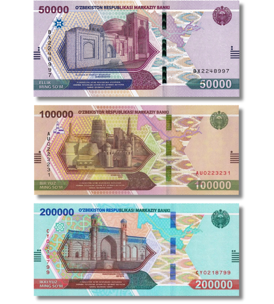 3 banknoty 50 000, 100 000, 200 000 sum, Uzbekistan, 2021 - 2022 rok, UNC