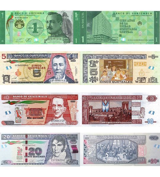 4 banknoty 1, 5, 10, 20 Quetzales, Gwatemala, 2014 - 2024, UNC