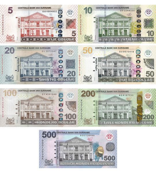 7 banknotes 5, 10, 20, 50, 100, 200, 500 Dollars, Suriname, 2012 - 2024, UNC