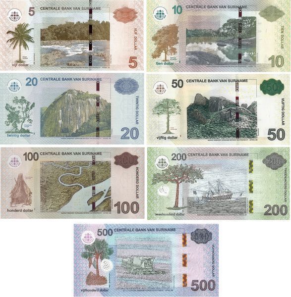 7 banknotes 5, 10, 20, 50, 100, 200, 500 Dollars, Suriname, 2012 - 2024, UNC