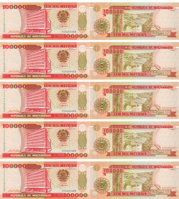 10 banknotes 100000 Meticais, Mozambique, 1993, UNC