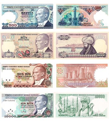 4 banknoty 500, 1000, 5000, 10000 Lirasi, Turcja, 1970, UNC