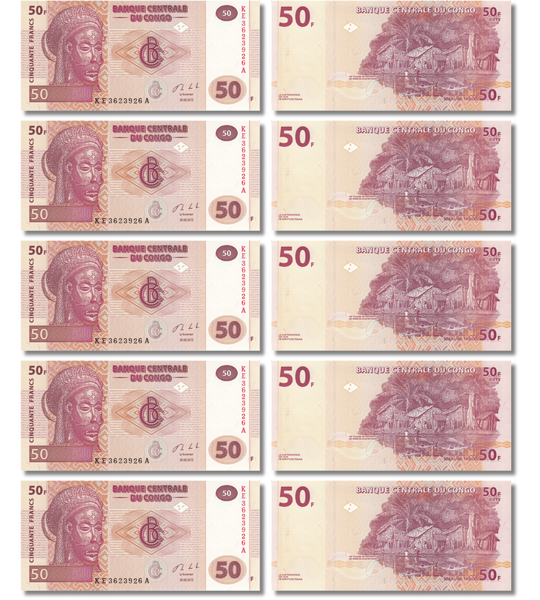 10 банкнот 50 Francs, Конго, 2013 рік, UNC 000817 фото 10 банкнот 50 Francs, Конго, 2013 рік, UNC 000817 фото