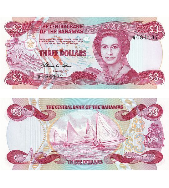 3 Dollars, Bahamas, 1974 (1984), UNC 004705 фото 3 Dollars, Bahamas, 1974 (1984), UNC 004705 фото