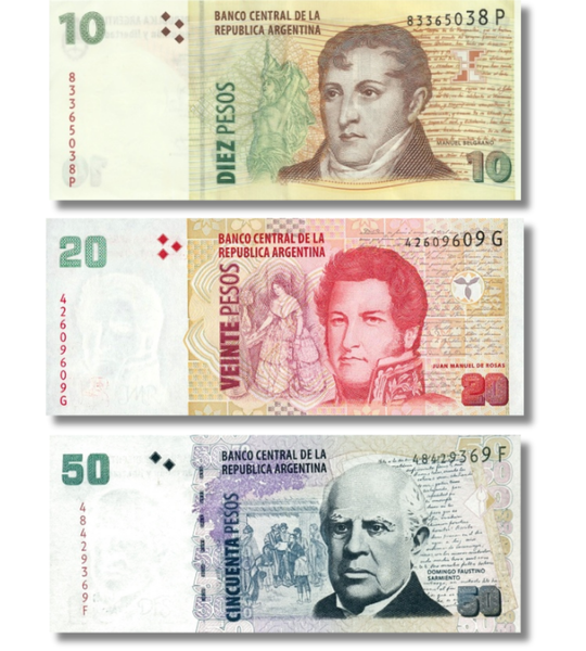 5 banconote 2, 5, 10, 20, 50 pesos, Argentina, 2002&ndash;2012, UNC 005221 фото