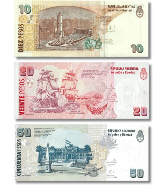 5 banconote 2, 5, 10, 20, 50 pesos, Argentina, 2002&ndash;2012, UNC 005221 фото