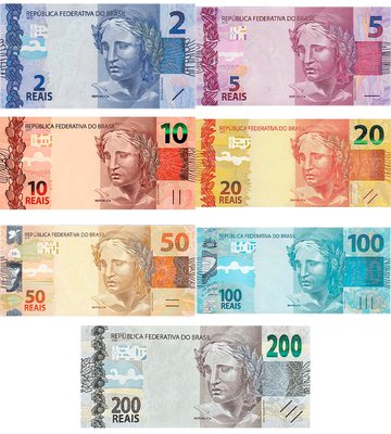 7 банкнот 2, 5, 10, 20, 50, 100, 200 Reais, Бразилія, 2010 - 2020 рік, UNC 001737 фото
