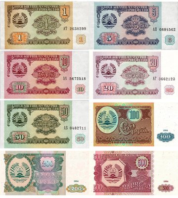 8 banknotów 1, 5, 10, 20, 50, 100, 200, 500 Rubles, Tadżykistan, 1994, UNC
