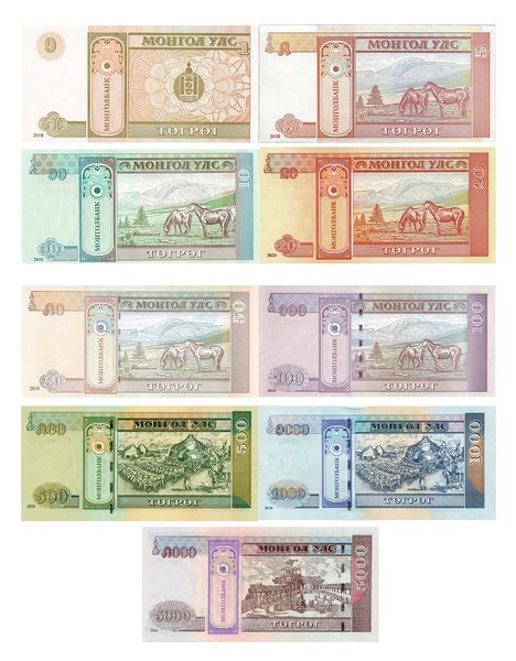 9 банкнот 1, 5, 10, 20, 50, 100, 500, 1000, 5000 Togrog, Монголія, 2008 - 2021 рік, UNC 000907 фото