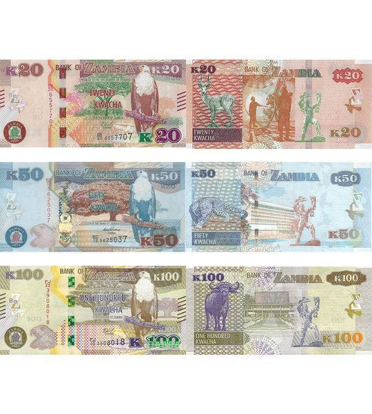 3 banknotes 20, 50, 100 Kwacha, Zambia, 2012 - 2022, UNC