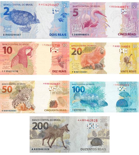 7 banknotes 2, 5, 10, 20, 50, 100, 200 Reais, Brazil, 2010 - 2020, UNC