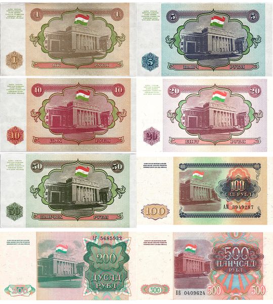 8 банкнот 1, 5, 10, 20, 50, 100, 200, 500 Rubles, Таджикистан, 1994 рік, UNC 001227 фото