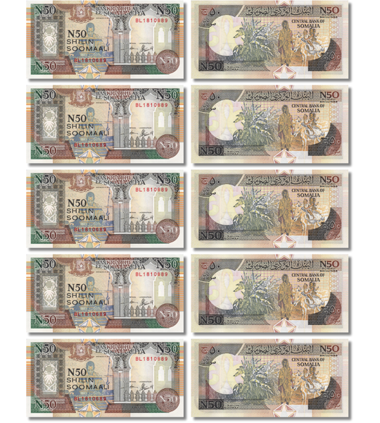 10 billets de 50 shillings, Somalie, 1991, UNC 001788 фото