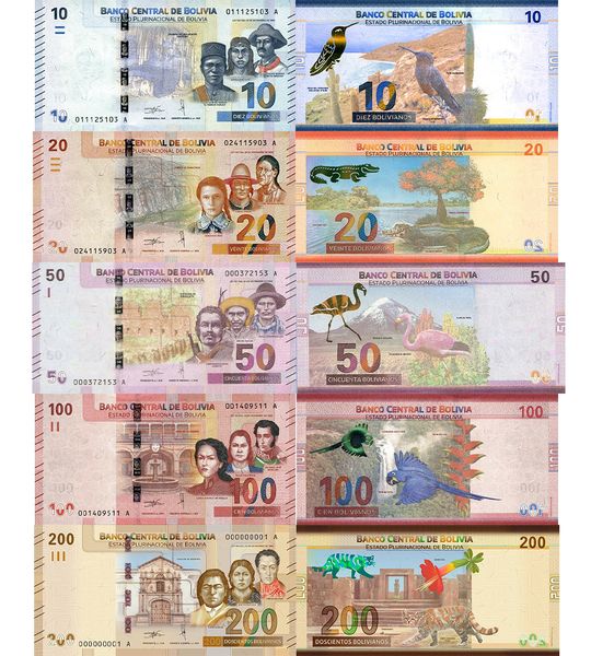 5 banknotes 10, 20, 50, 100, 200 Bolivianos, Bolivia, 2018, UNC