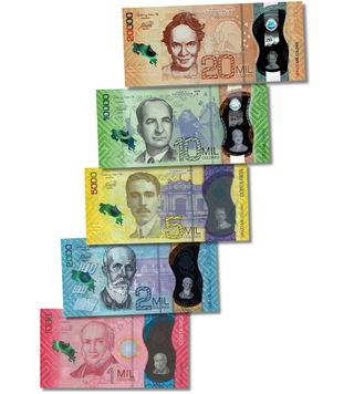 5 banknotes 1000, 2000, 5000, 10,000, 20,000 Colones, Costa Rica, 2018&ndash;2019, UNC Polymer