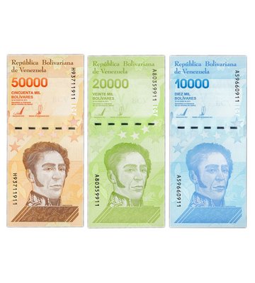 3 банкноти 10000, 20000, 50000 Bolivares, Венесуела, 2019 рік, UNC 001289 фото