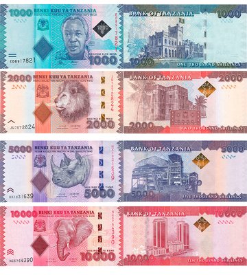 4 banknoty 1000, 2000, 5000, 10000 Shillings, Tanzania, 2019 - 2020,  UNC