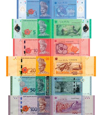 6 банкнот 1, 5, 10, 20, 50, 100 Ringgit, Малайзія, 2017 - 2020 рік, UNC Polymer + Paper 002143 фото