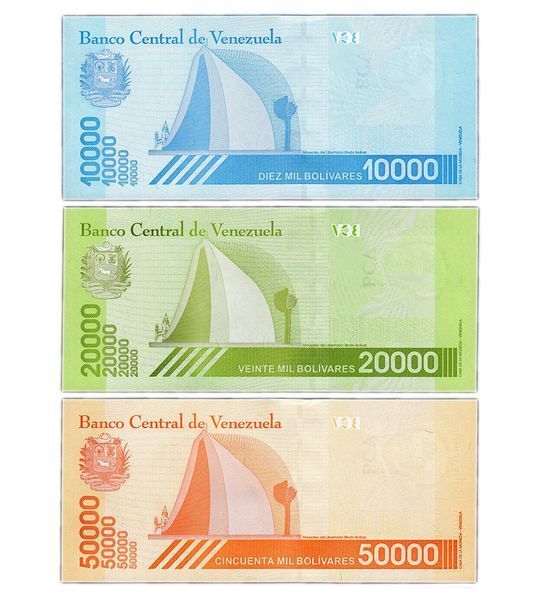 3 banknotes 10000, 20000, 50000 Bolivares, Venezuela, 2019, UNC