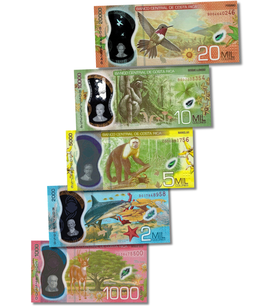 5 banknotes 1000, 2000, 5000, 10,000, 20,000 Colones, Costa Rica, 2018&ndash;2019, UNC Polymer