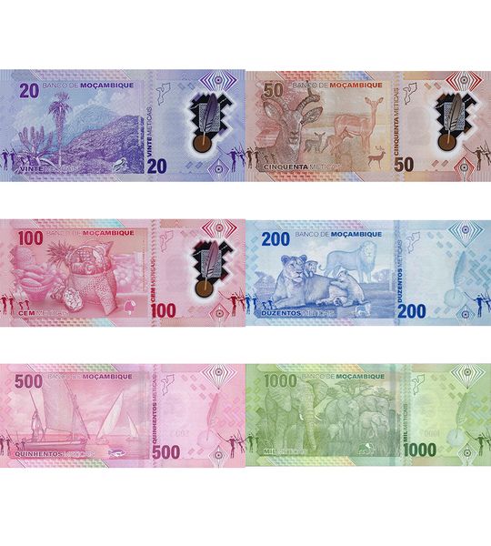 6 banknotów 20, 50, 100, 200, 500, 1000 Meticais, Mozambique , 2024, UNC Polymer + Paper