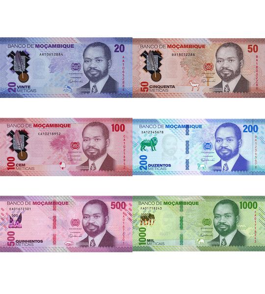 6 banknotes 20, 50, 100, 200, 500, 1000 Meticais, Mozambique , 2024, UNC Polymer + Paper