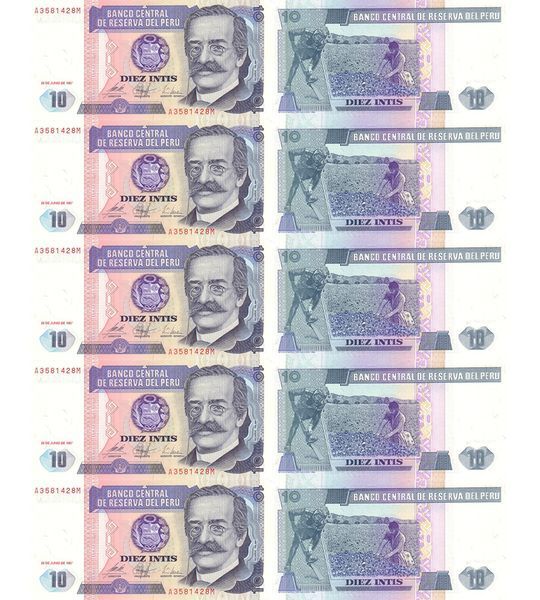 10 banconote 10 Intis, Perù, 1987, UNC 004078 фото 10 banconote 10 Intis, Perù, 1987, UNC 004078 фото