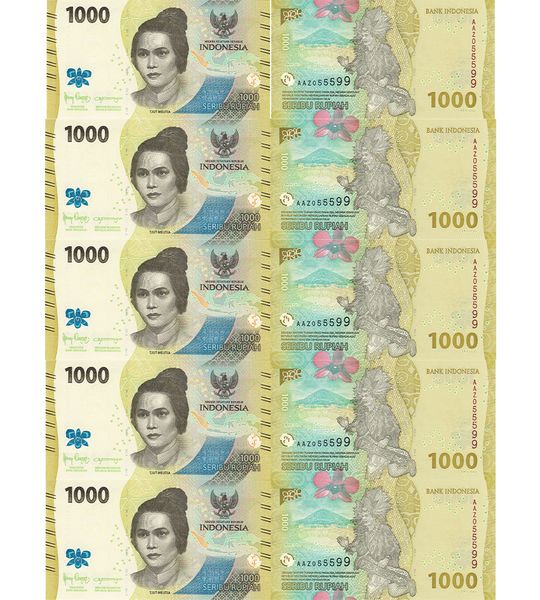 10 banknotów, 1000 Rupiah, Indonezja, 2022, UNC