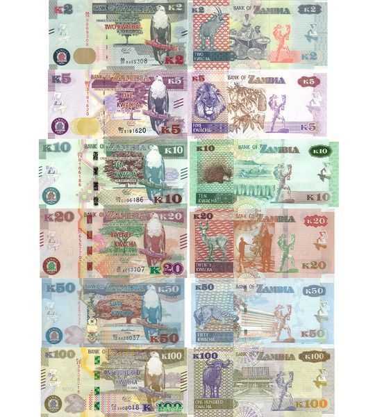 6 banknotes 2, 5, 10, 20, 50, 100 Kwacha, Zambia, 2012 - 2022, UNC