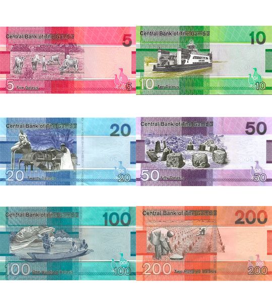 6 banknotów 5, 10, 20, 50, 100, 200 Dalasis, Gambia, 2023, UNC