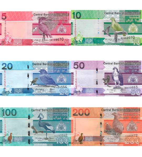 6 banknotów 5, 10, 20, 50, 100, 200 Dalasis, Gambia, 2023, UNC