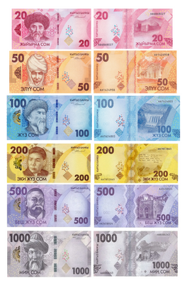 6 banknotów 20, 50, 100, 200, 500, 1000 Som, Kirgistan, 2023, UNC